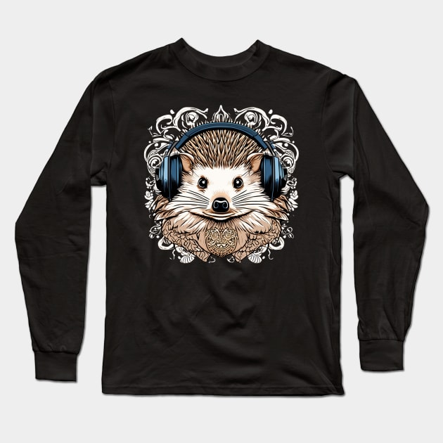 Hedgehog listening to music headphones animal Long Sleeve T-Shirt by Edgi